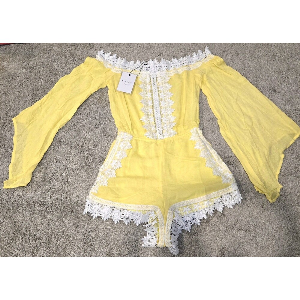 Endless Rose Off Shoulder Honey Yellow Romper Lace Accent Medium